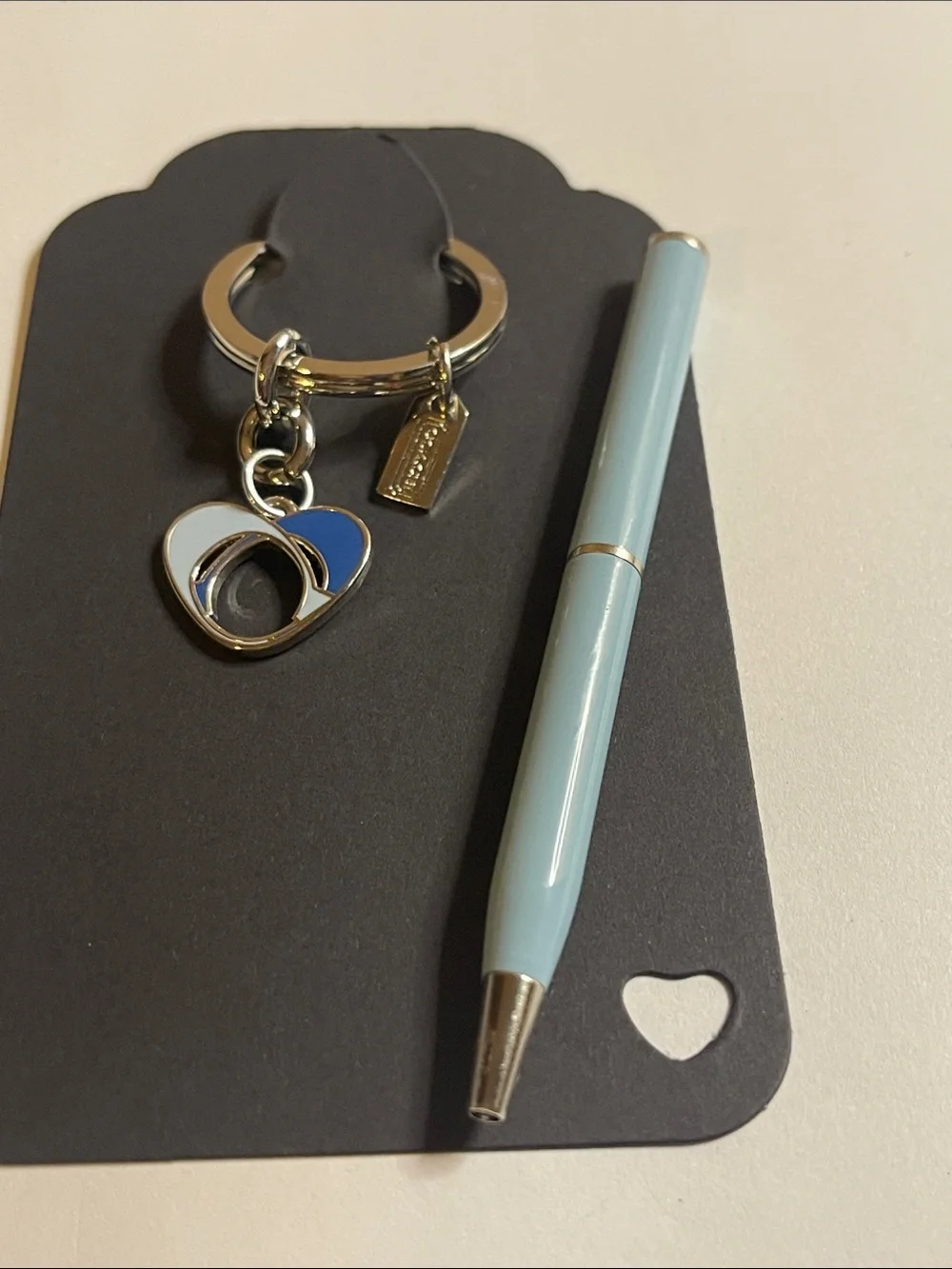 Coach Silver-Tone Heart Keyring with Navy and Light Blue Enamel & Pale Blue Pen
